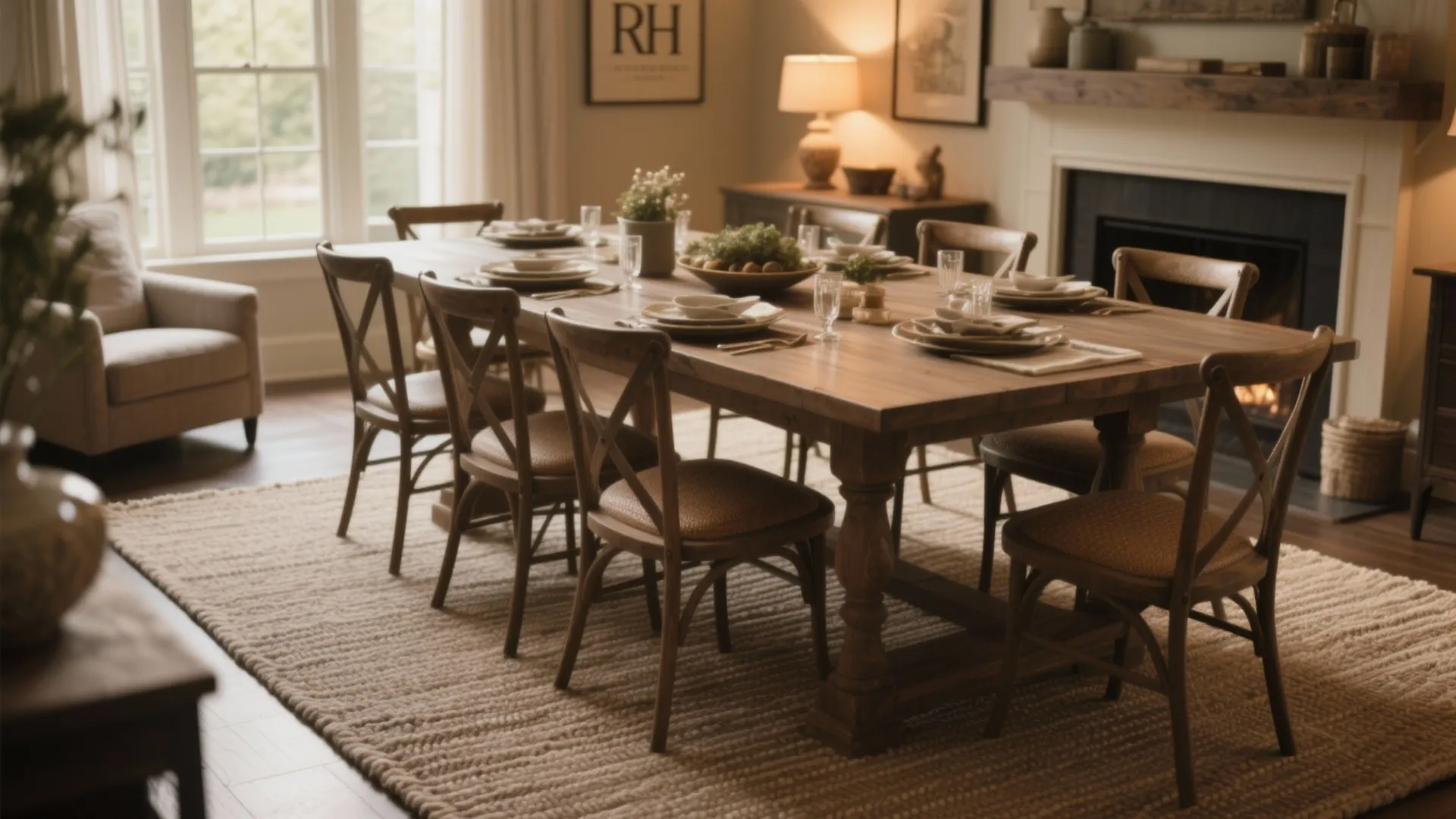 Dining table and chairs anchored on a neutral flatweave rug