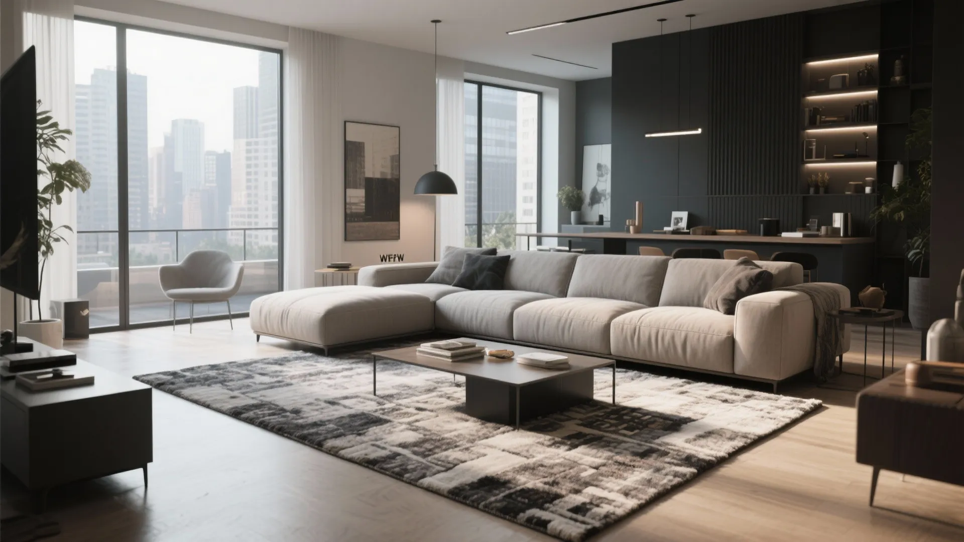 Spacious modern living room with large grey sofa patterned rug city view and light fixture