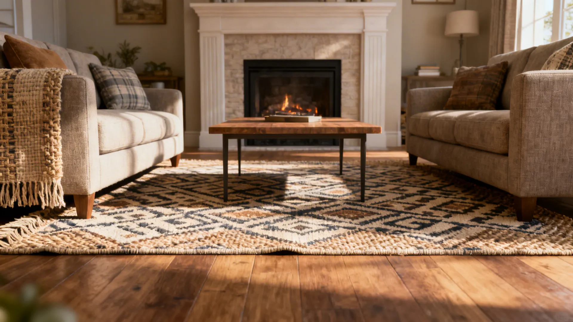 Patterned rug anchoring seating in front of a fireplace, tying tile and palette together.