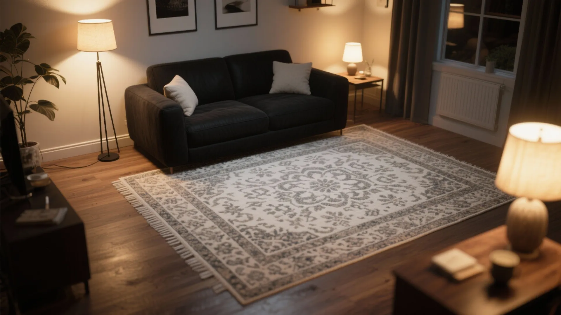 2. Anchor with a statement rug and lighting