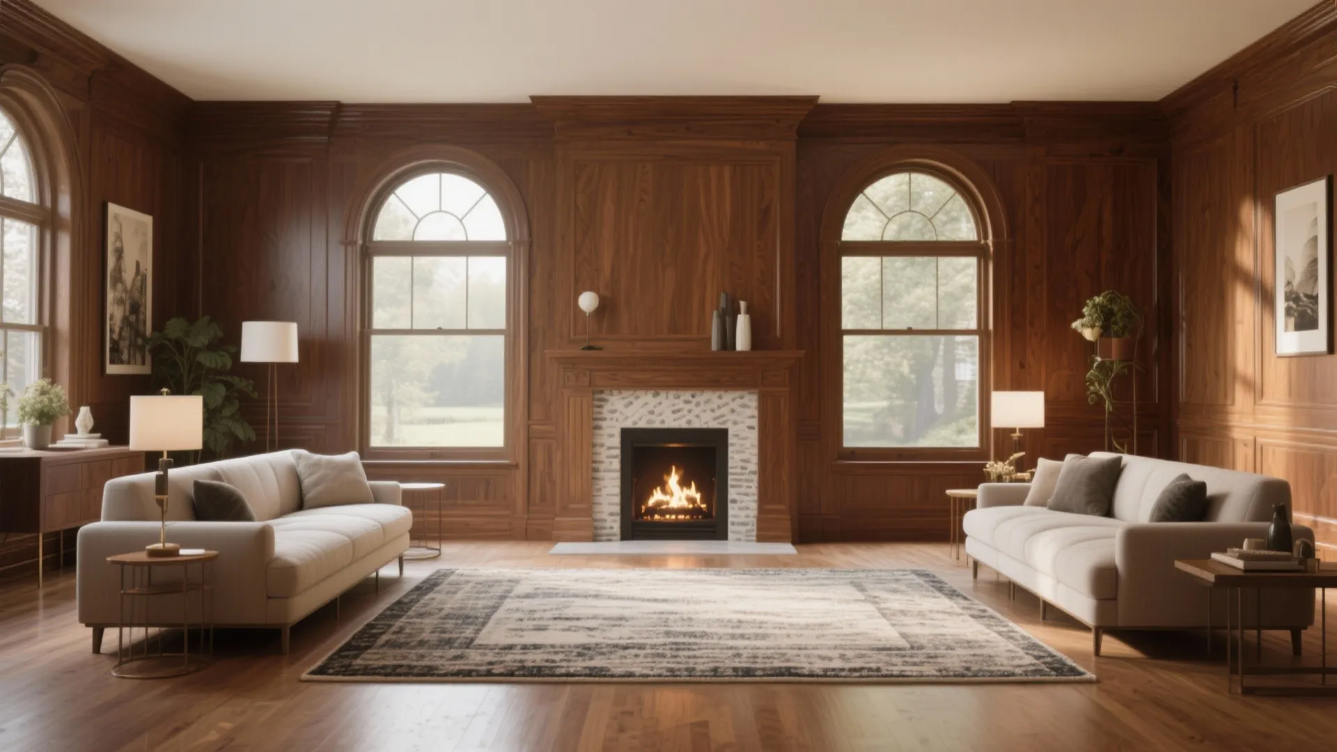 Rug draws attention to fireplace and bay window