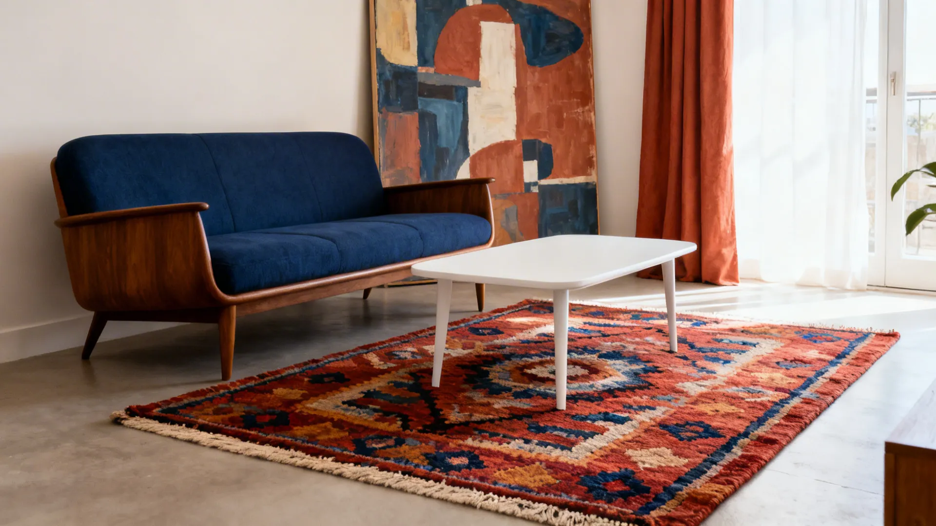 Small living room with a bold rug and large artwork anchoring a white coffee table.