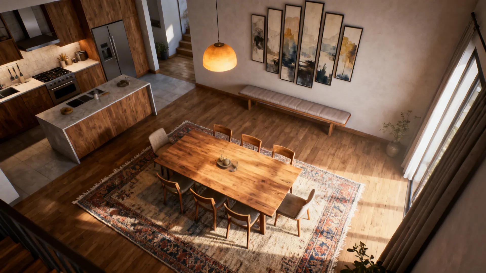 Open-plan kitchen with a rug anchoring the dining table and vertical artwork clustering above a bench.