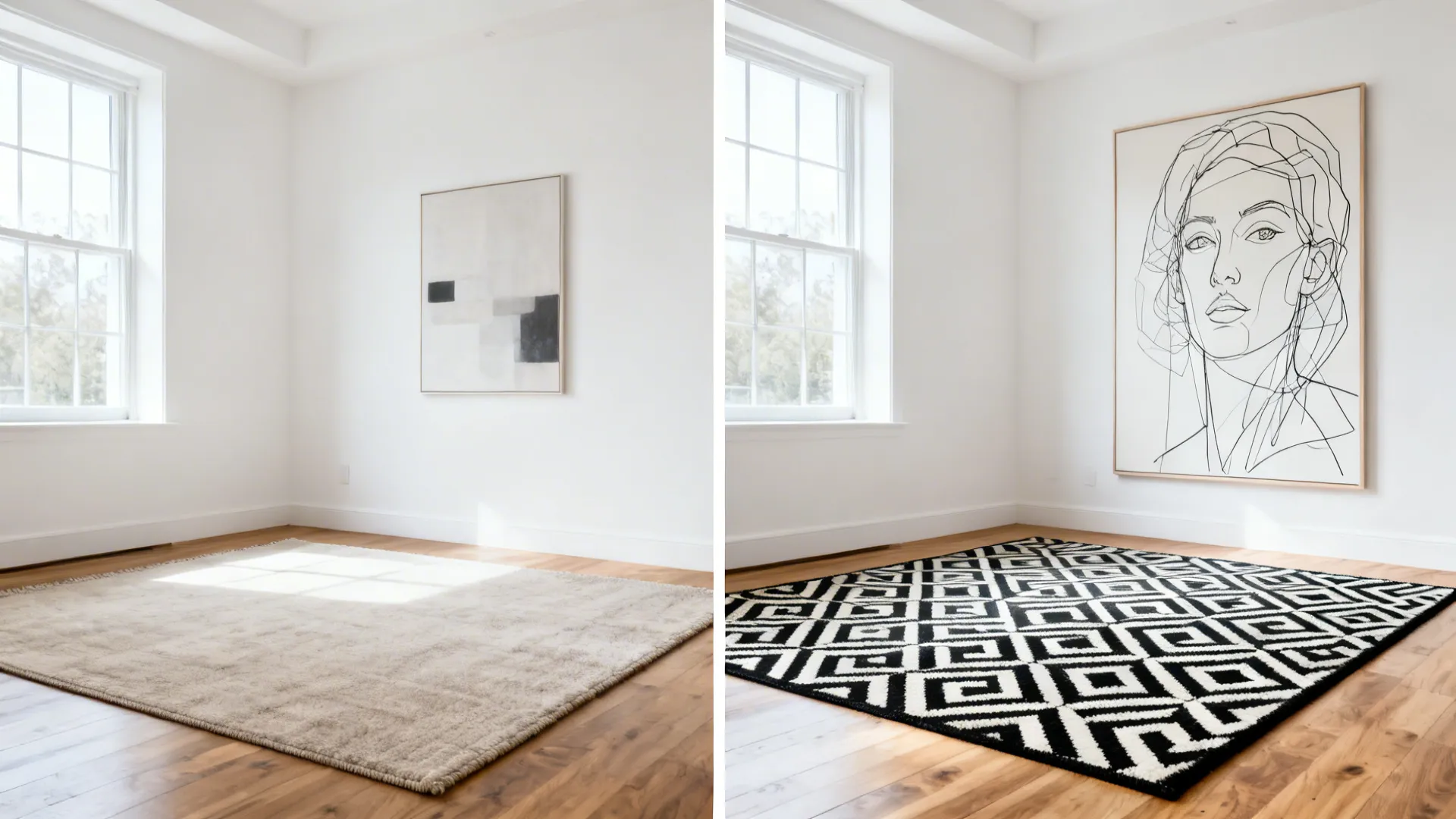 Before-and-after of a living room gaining impact with a graphic rug and large black-frame art.