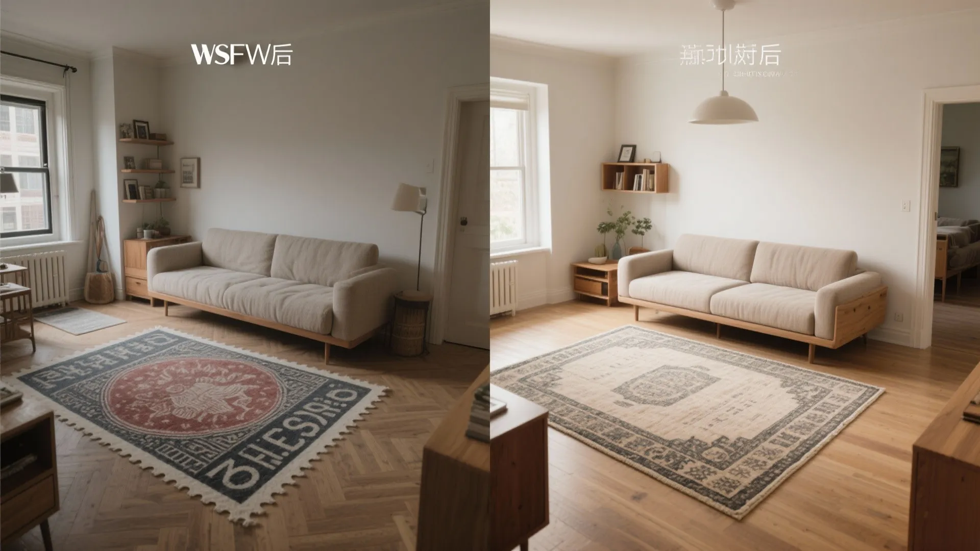 Before and after comparison of a living room showing a rug replacement for better interior design