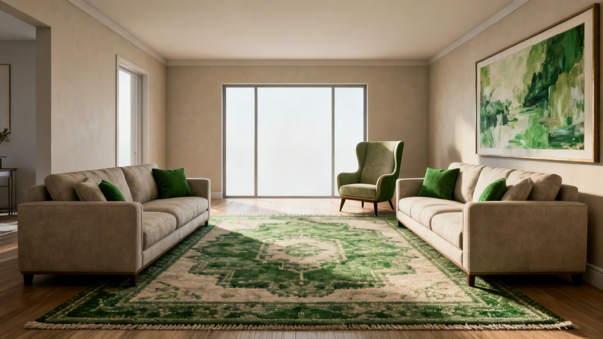 Before-and-after comparison showing unified rug and asymmetric accents around two facing sofas.