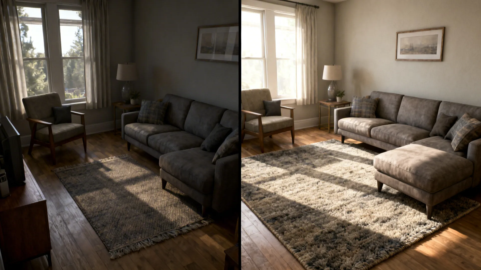 Before and after comparison showing wrong and correct rug sizing in a small living room