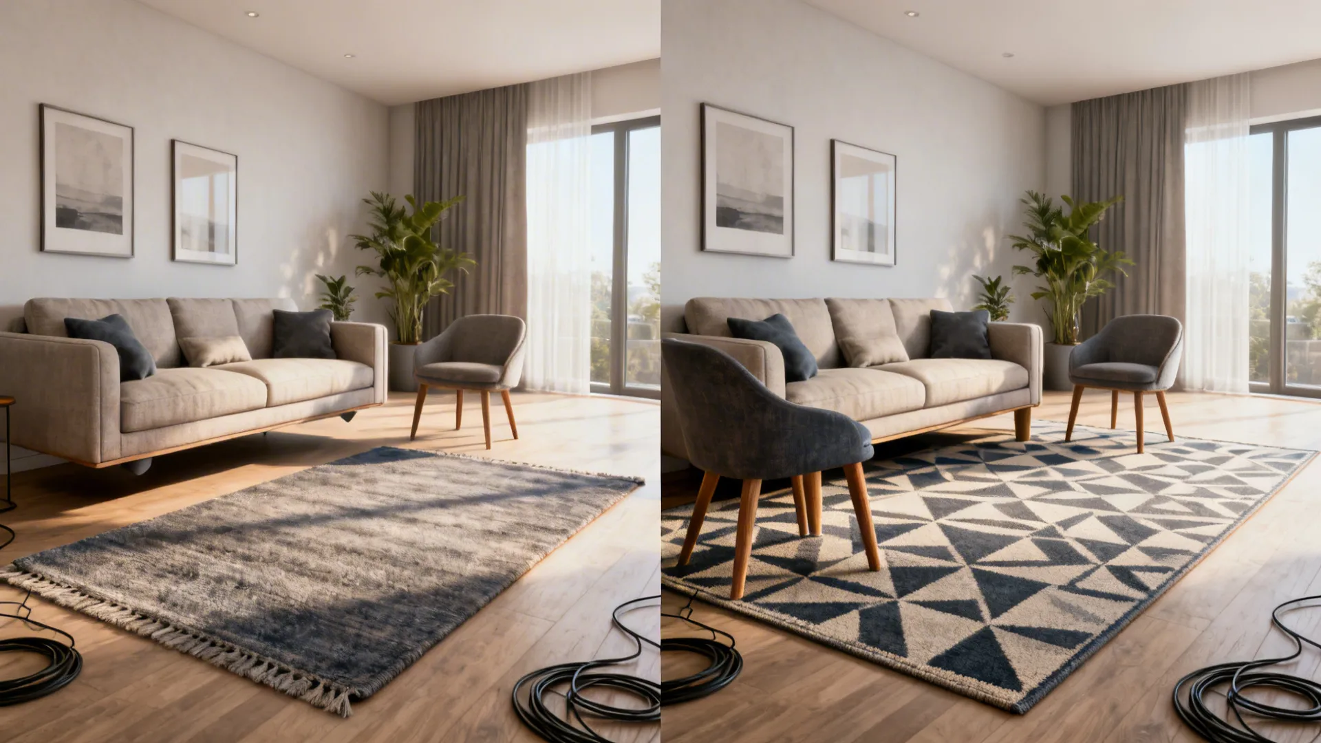 Before and after comparison showing a plain grey rug replaced by a patterned geometric area rug