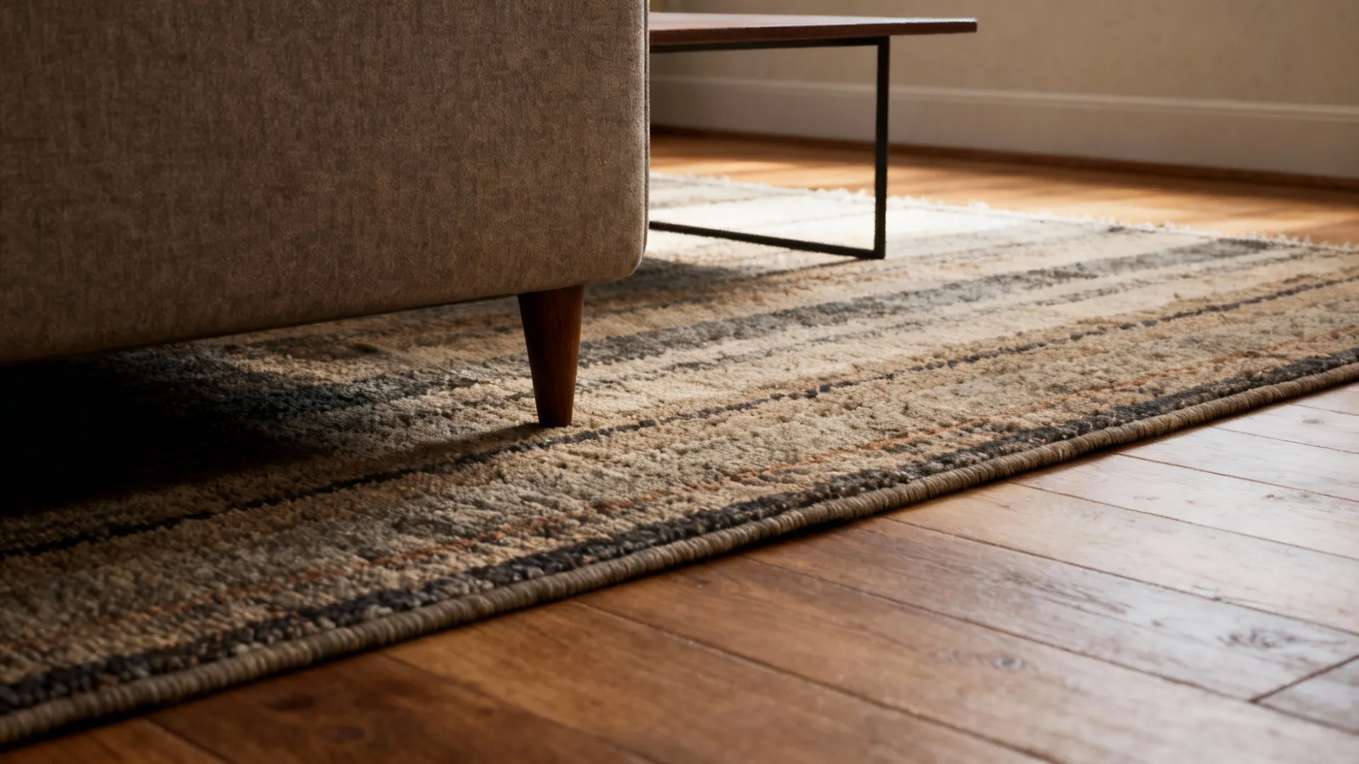 Close-up of rug placement showing a 20–30cm bare floor border and front legs of the sofa on the rug.