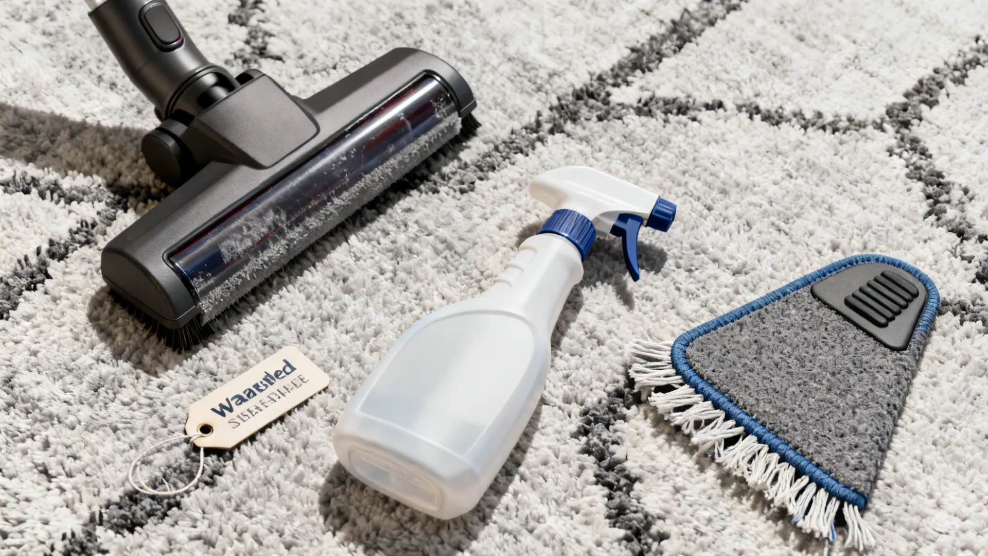 Macro view of rug-care essentials: vacuum, stain remover, and non-slip pad on a monochrome rug.