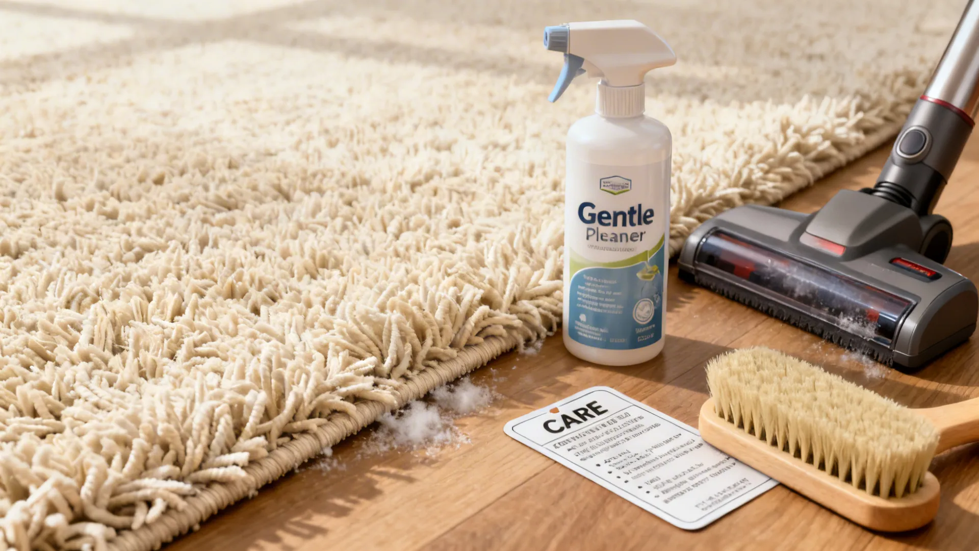 Close up of cleaning a cream rug with spray bottle vacuum cleaner brush and card