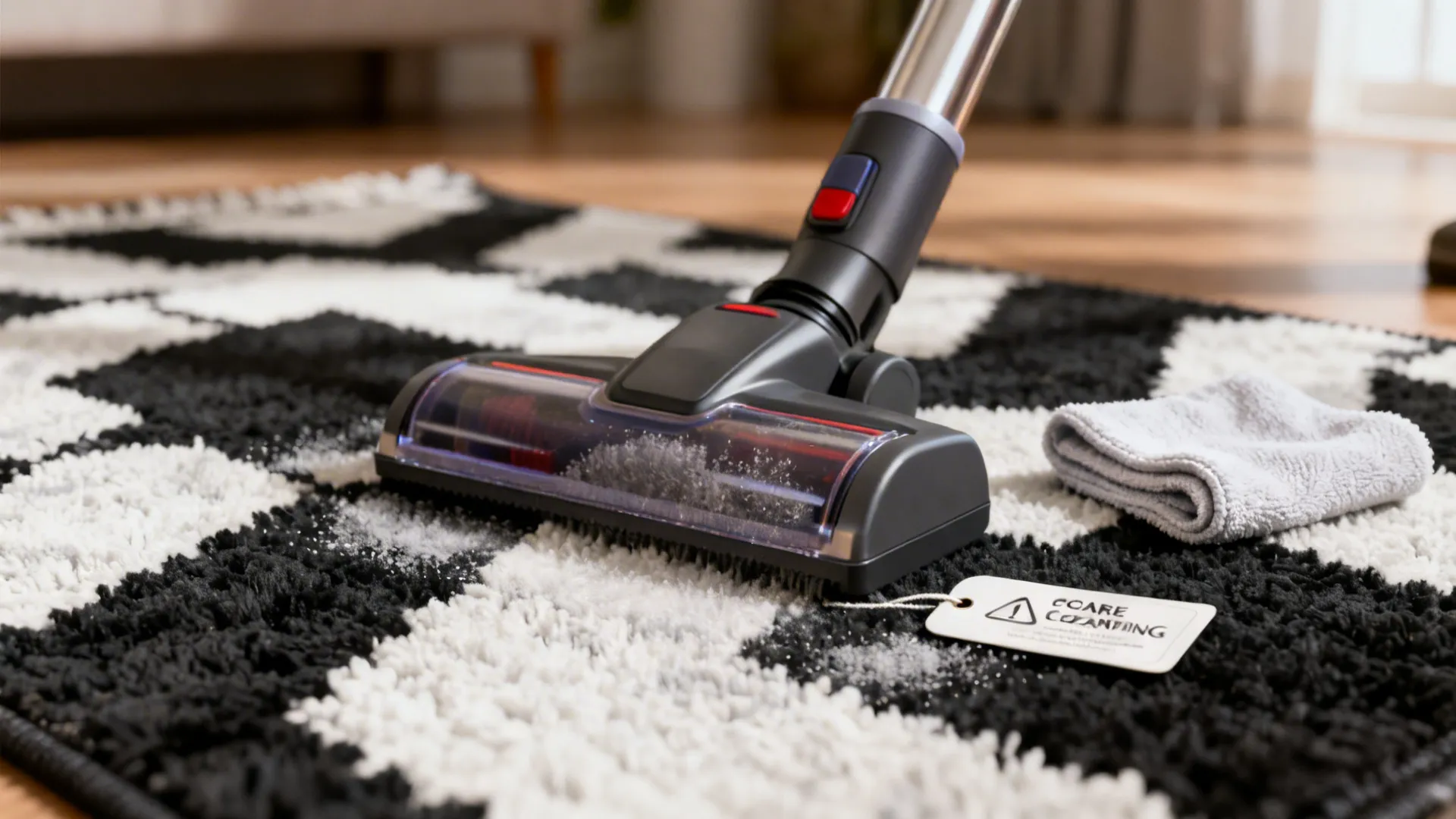 Close-up of rug care items on a black-and-white rug showing vacuuming and spot-cleaning tools.