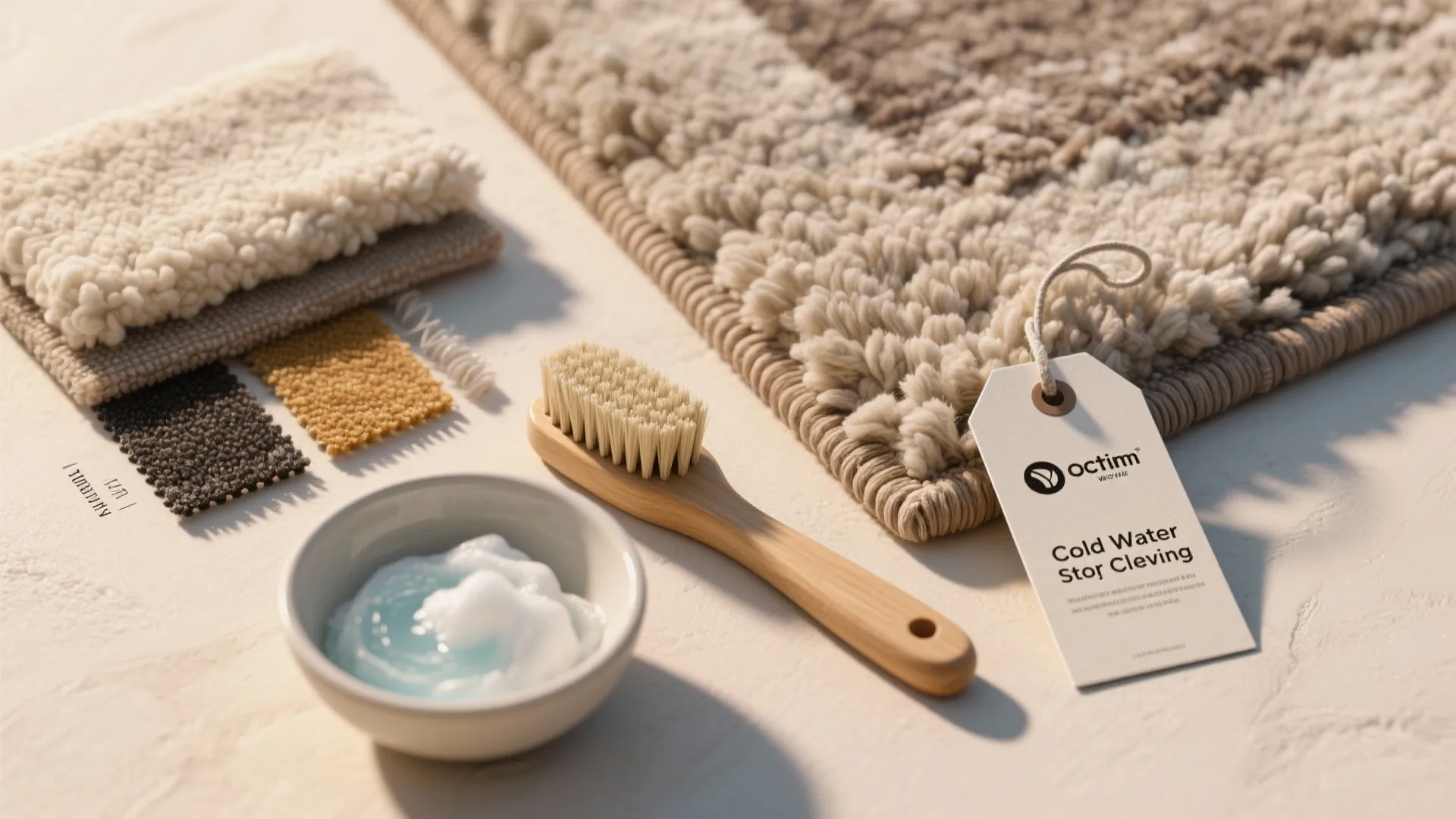 Cleaning tools including wooden brush and soap bowl placed next to various rug material samples
