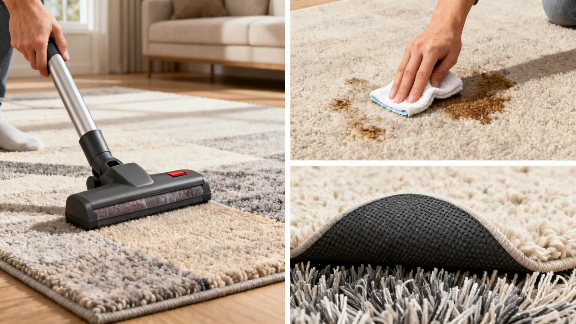Collage of rug care actions and fiber close-ups showing cleaning tips and materials