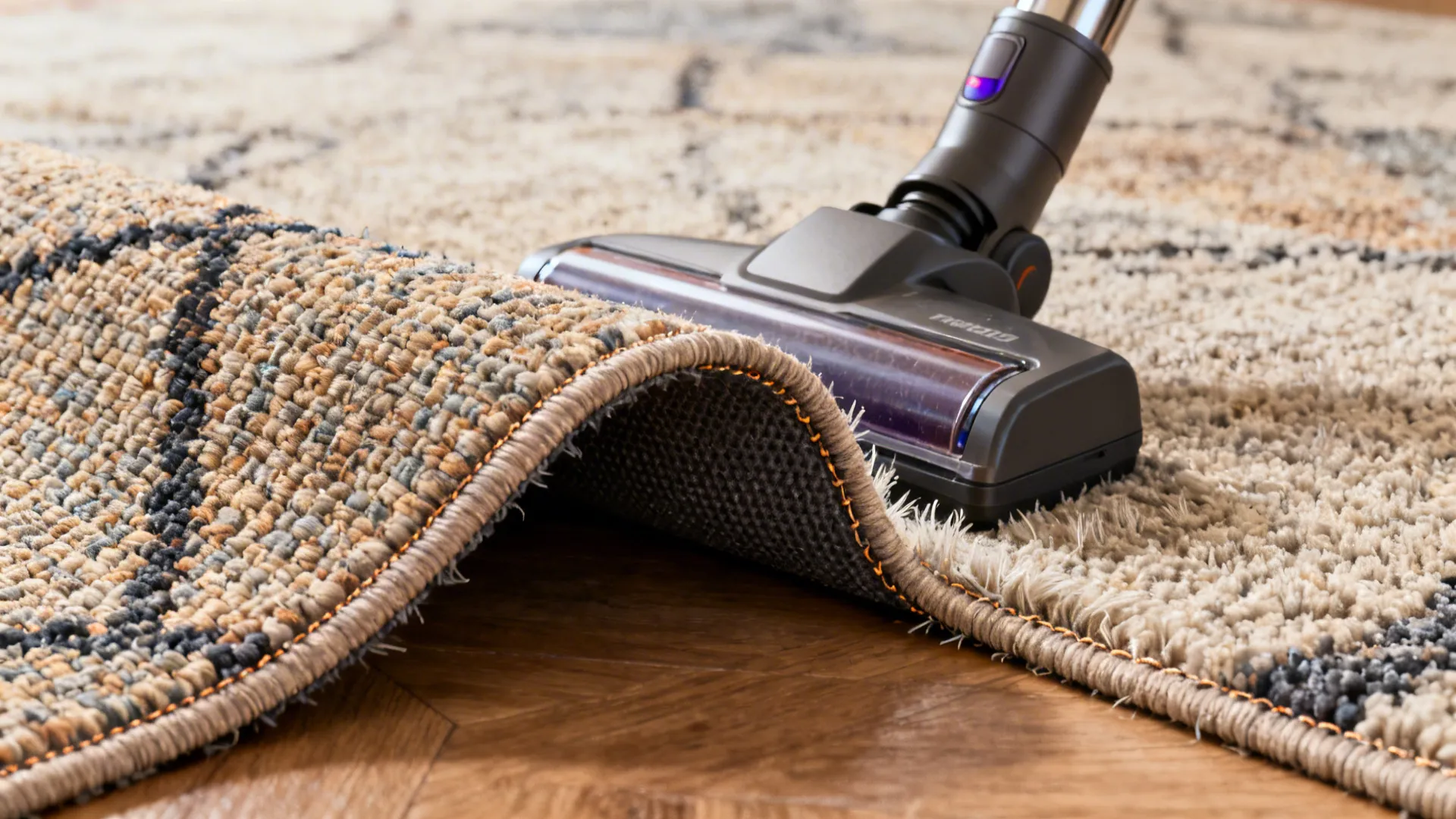 Close-up of a 6 x 9 rug edge with a rug pad underneath and cleaning tool to illustrate maintenance.