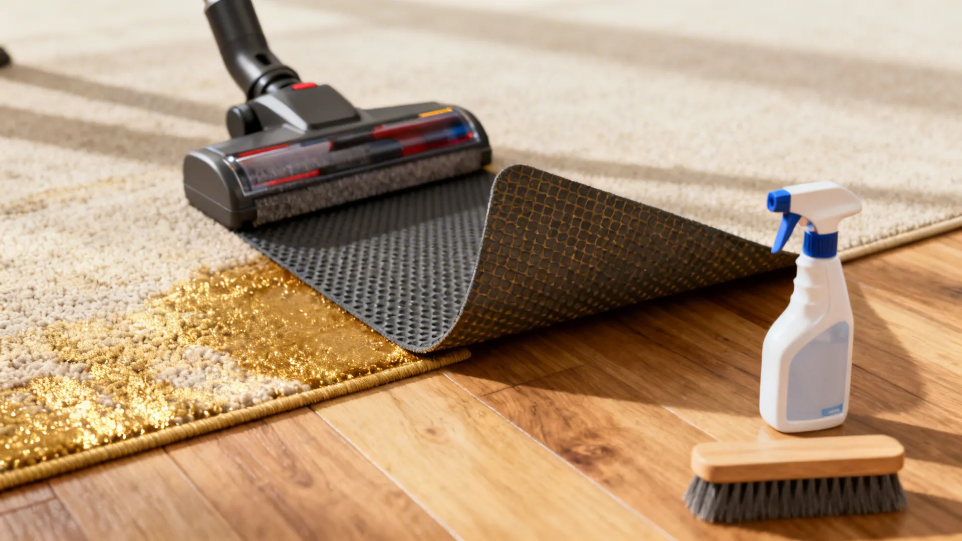 Rug care items including a vacuum head, rug pad corner, and cleaning spray on wooden floor