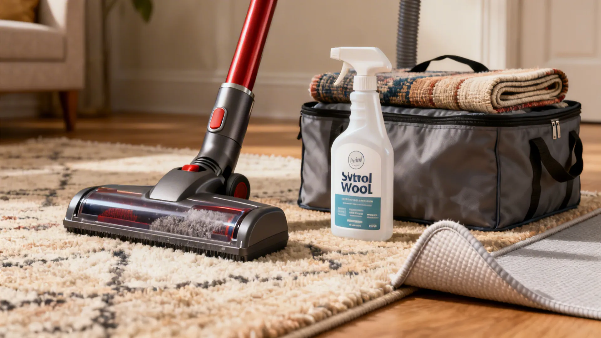 Rug care items including wool-safe cleaner, rug pad, and vacuum accessories.