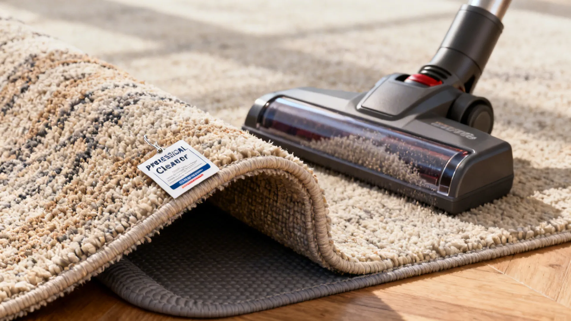 Rug pad, vacuum, and care tag illustrating rug maintenance and cleaning