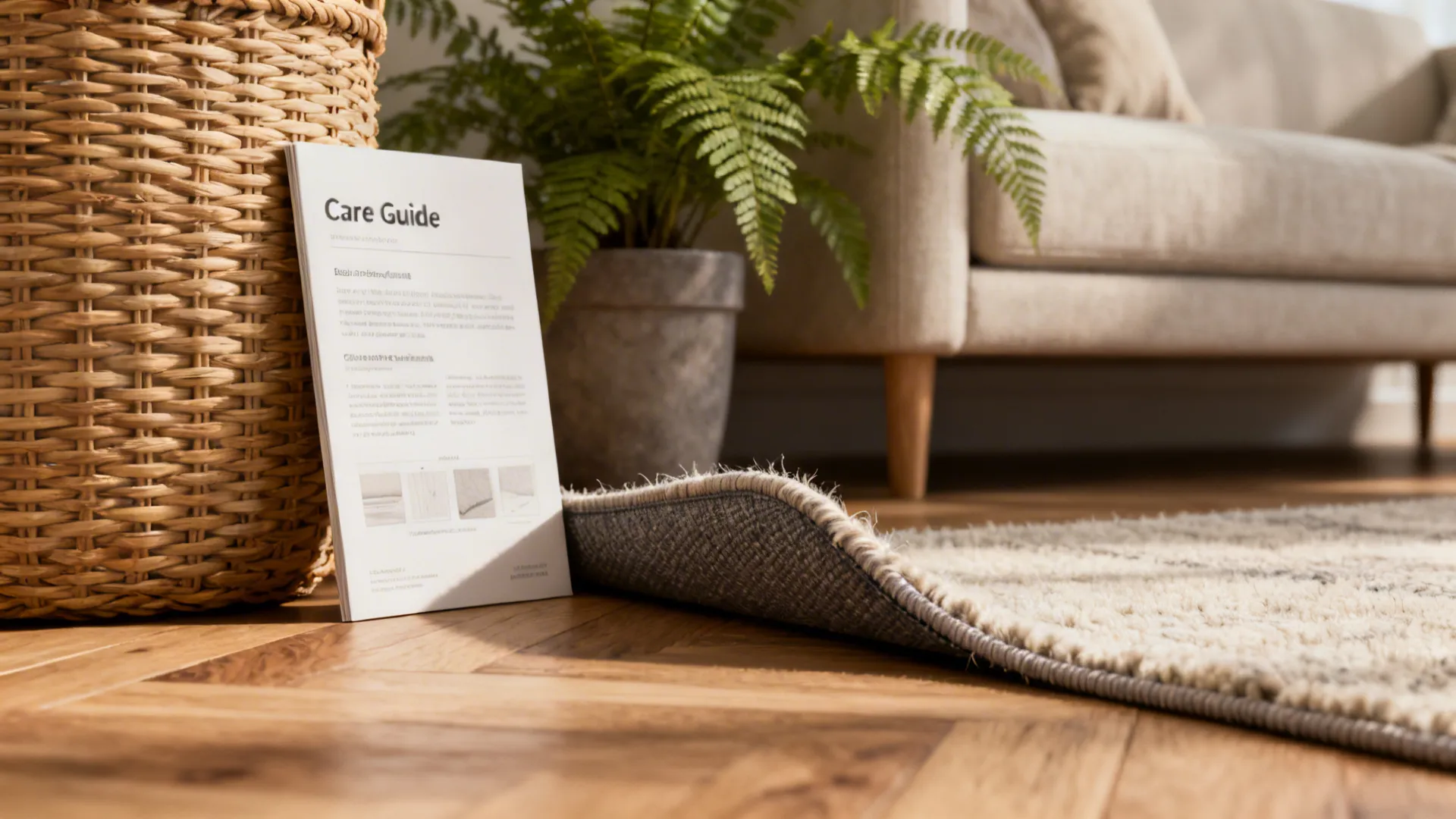 Living room corner showing rug edge, rug pad and a care guide booklet under soft daylight.