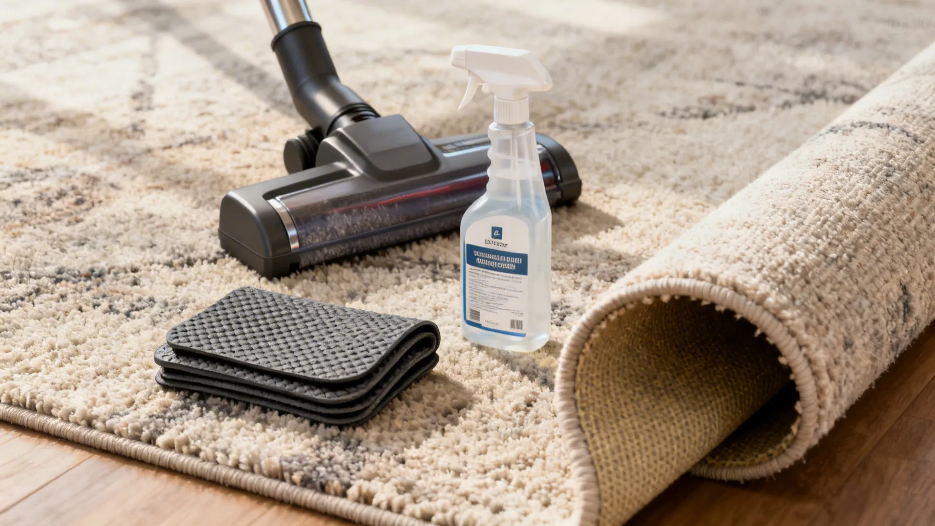 Cleaning and care items for large rugs including vacuum, non-slip pad, and cleaner beside a rug corner.