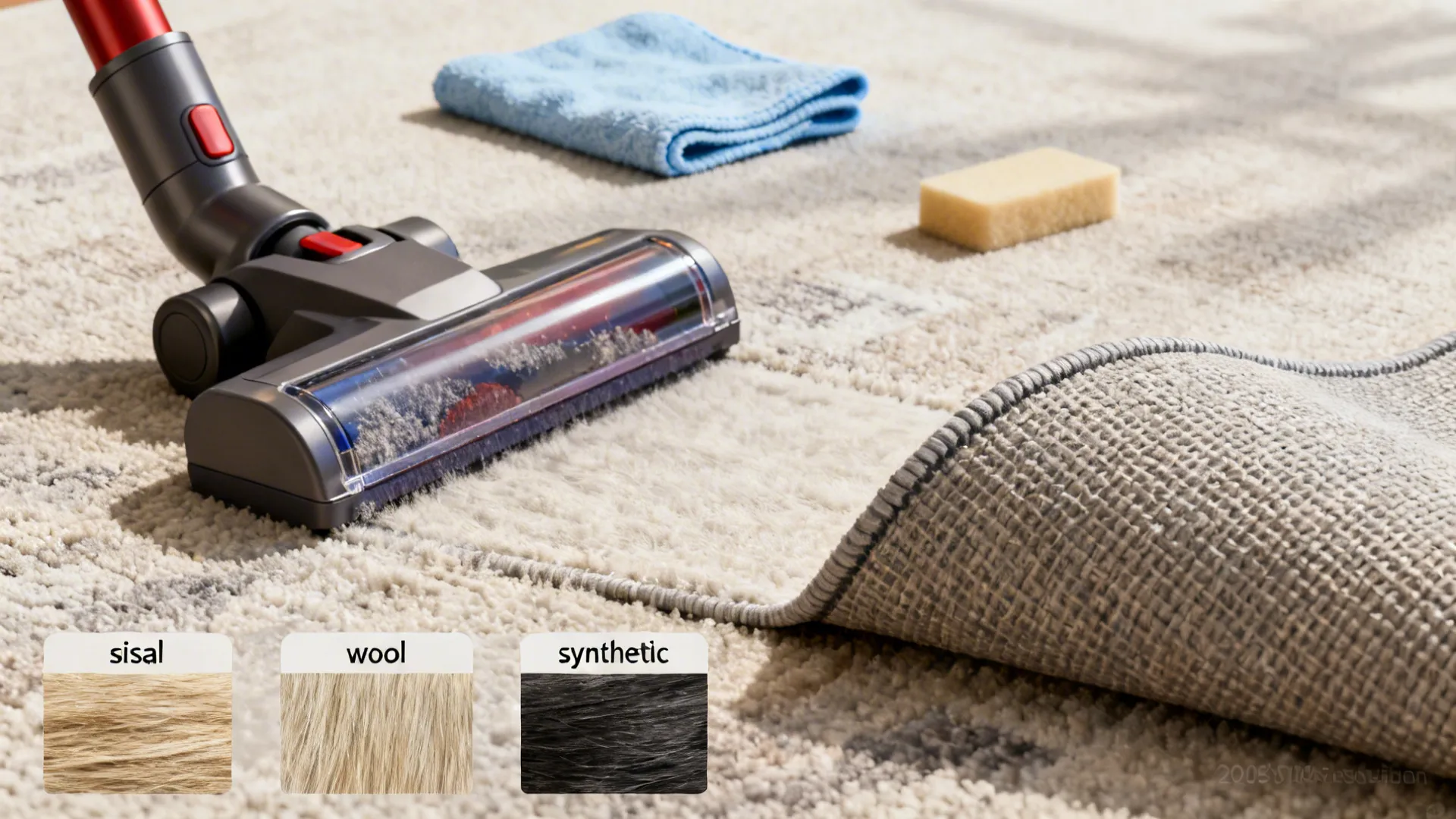 Collage of rug care items including vacuum, spot-cleaning cloth, underlay corner, and fiber samples.