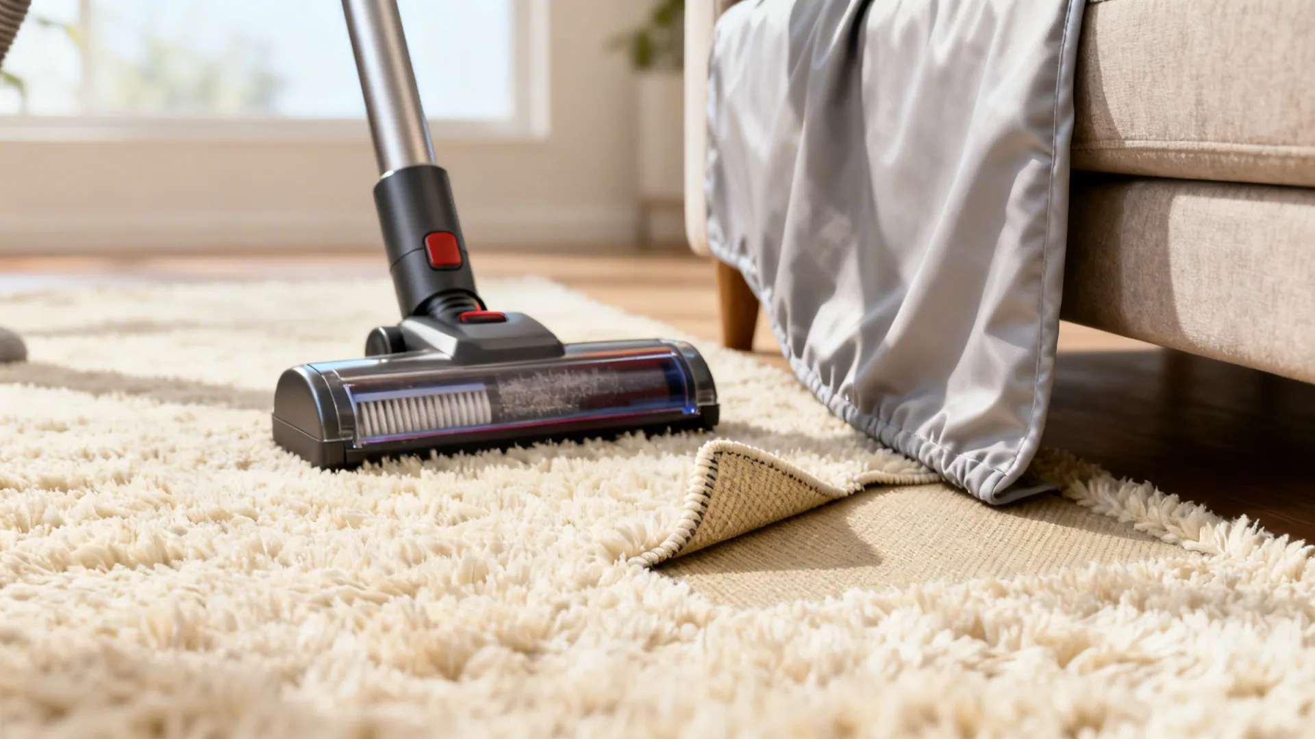 Vacuum, rug pad, and washable furniture cover next to a plush rug illustrating care tips.