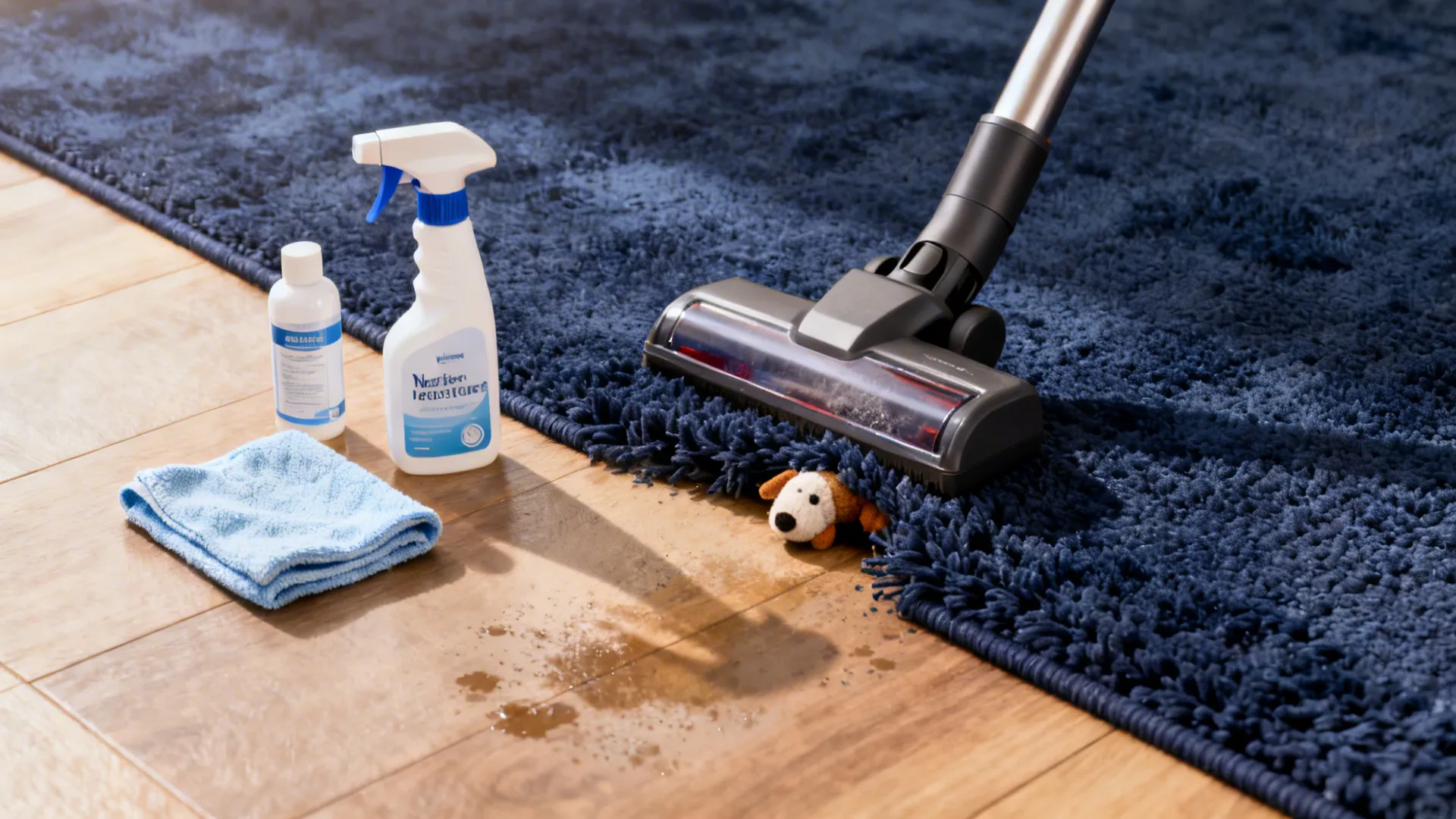 Cleaning a blue rug with a vacuum cleaner beside spray bottles and a blue cloth