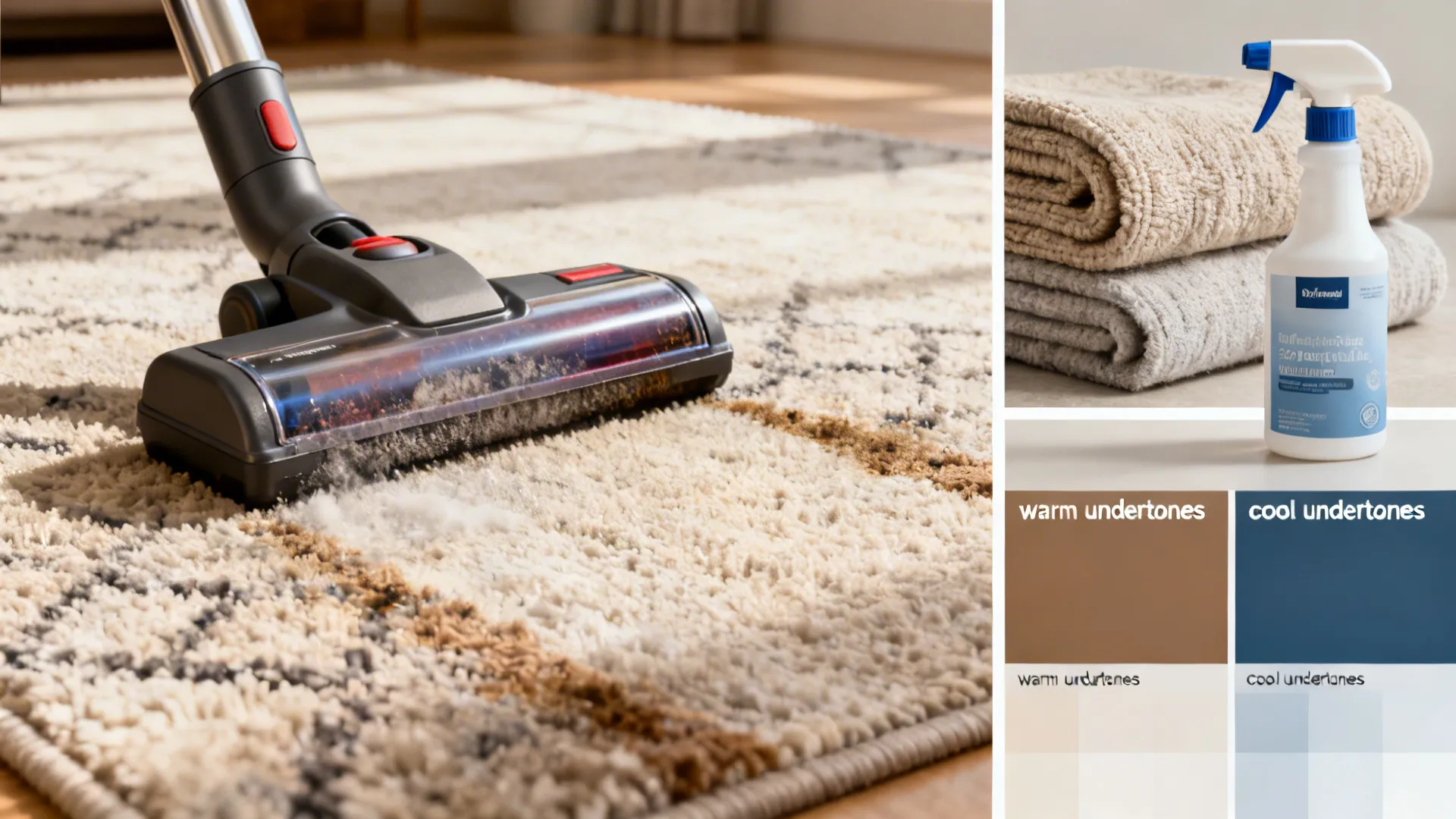 Collage of rug care items: vacuum, stain spray, and swatches showing warm and cool undertones.
