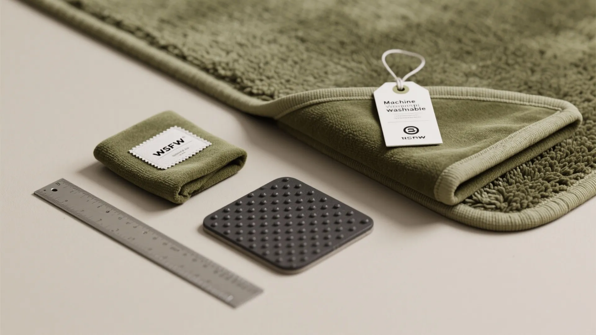 Flatlay of washable olive fabric swatch, removable cover and anti-slip pad for rug care