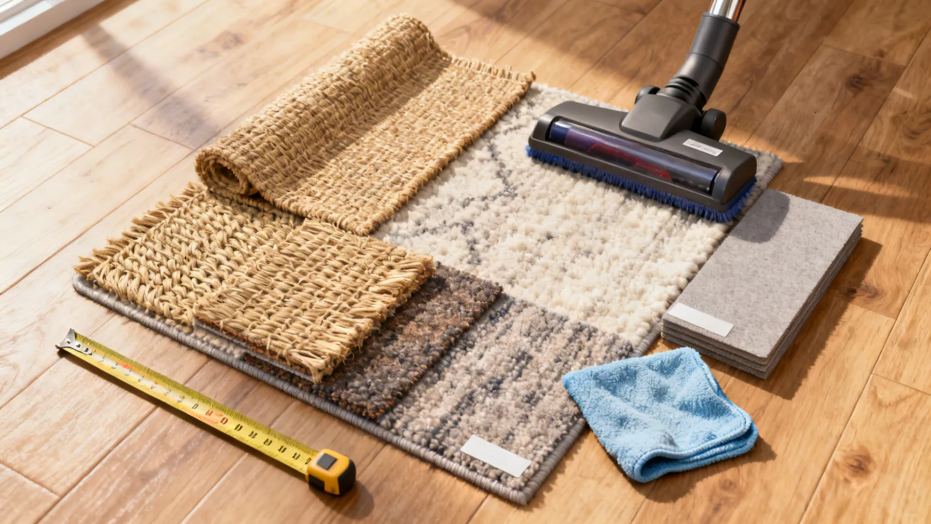 Flatlay of rug material swatches, rug pad samples, vacuum and measuring tape for rug care and selection.