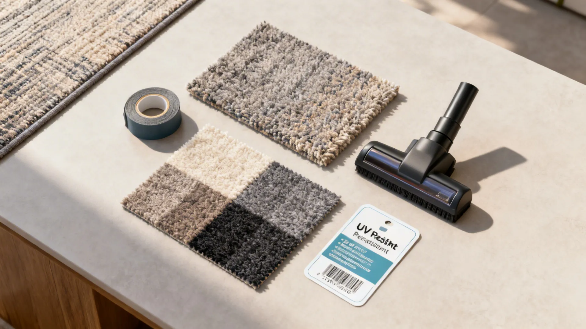 Flatlay of rug material swatches, vacuum nozzle, rug tape and a UV-resistant label for rug care guidance