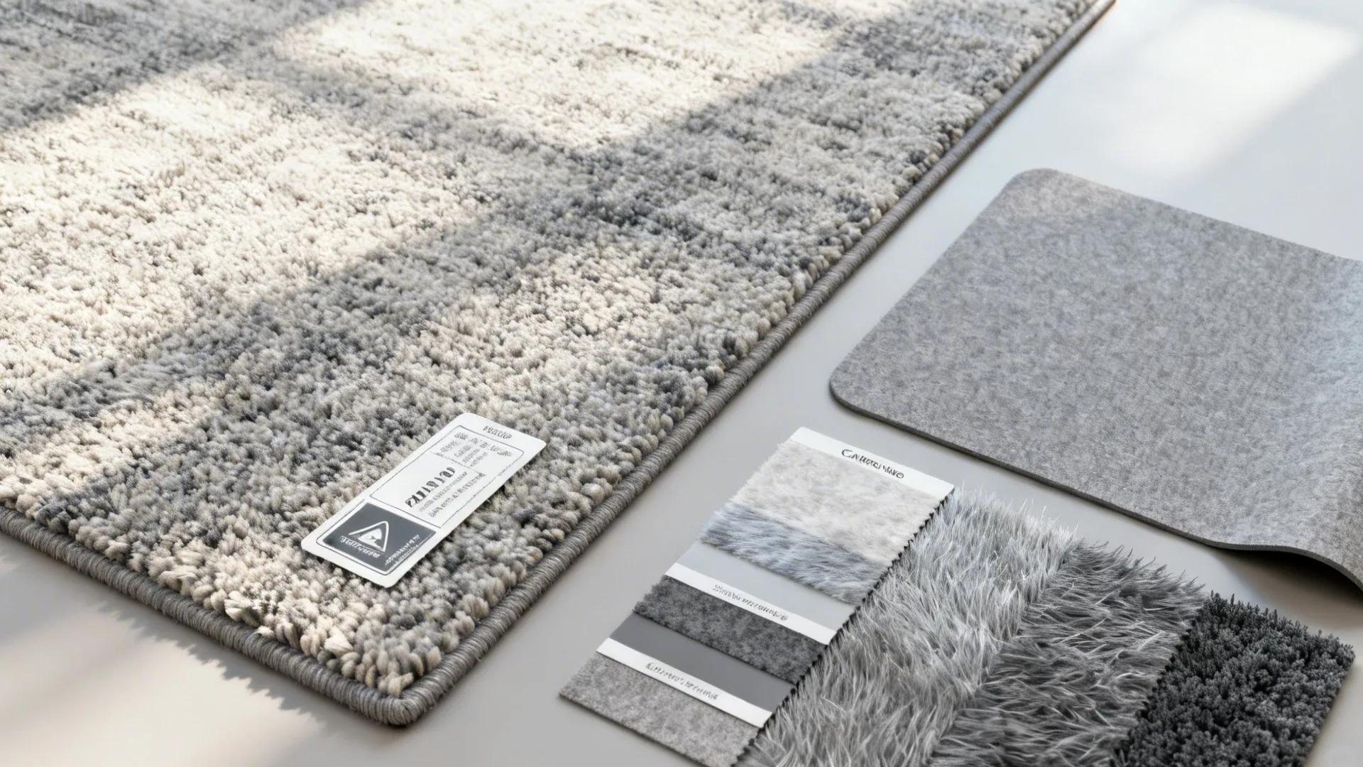 Grey textured rug with white tag shown alongside various fabric material samples on a flat surface