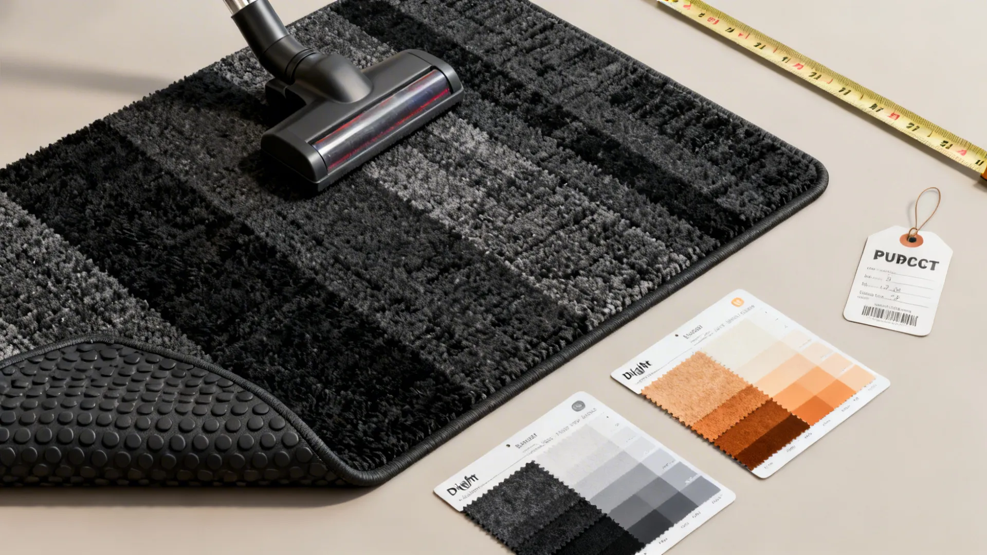 Flatlay of rug swatches, rug pad, vacuum nozzle, measuring tape and daylight cards for color checking.