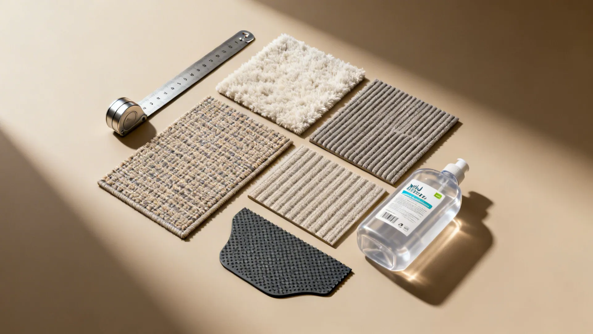 Flat lay showing various carpet samples with a tape measure and a bottle of cleaner