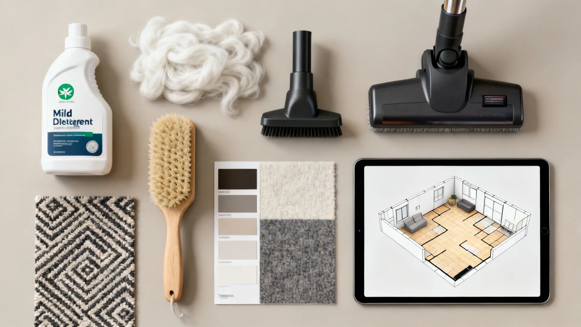Flatlay of rug care tools, fabric swatches, and a tablet showing a 3D room planner.