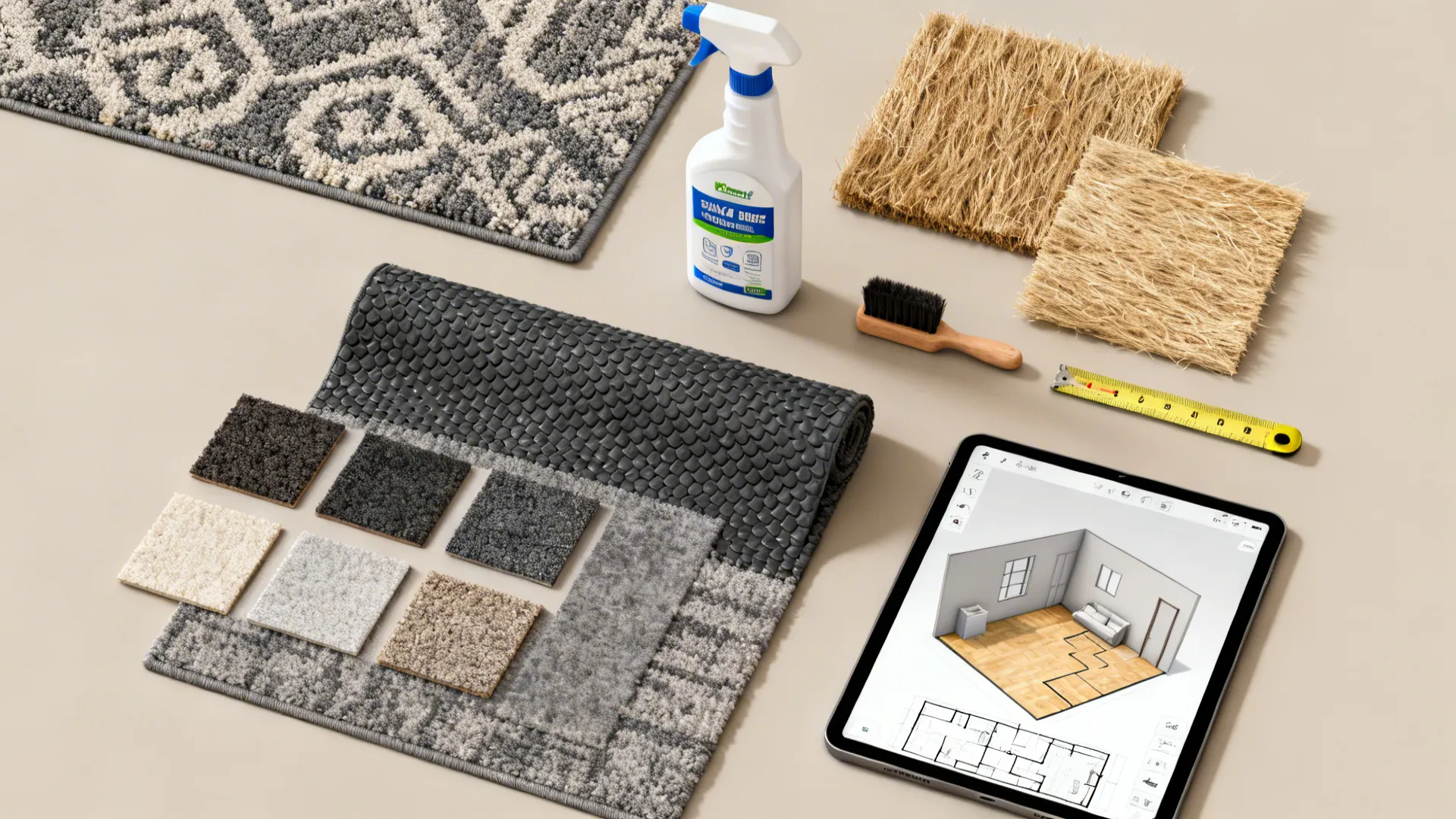 Flatlay of rug material swatches, non-slip pad, cleaner, and a tablet showing a 3D floor planner.
