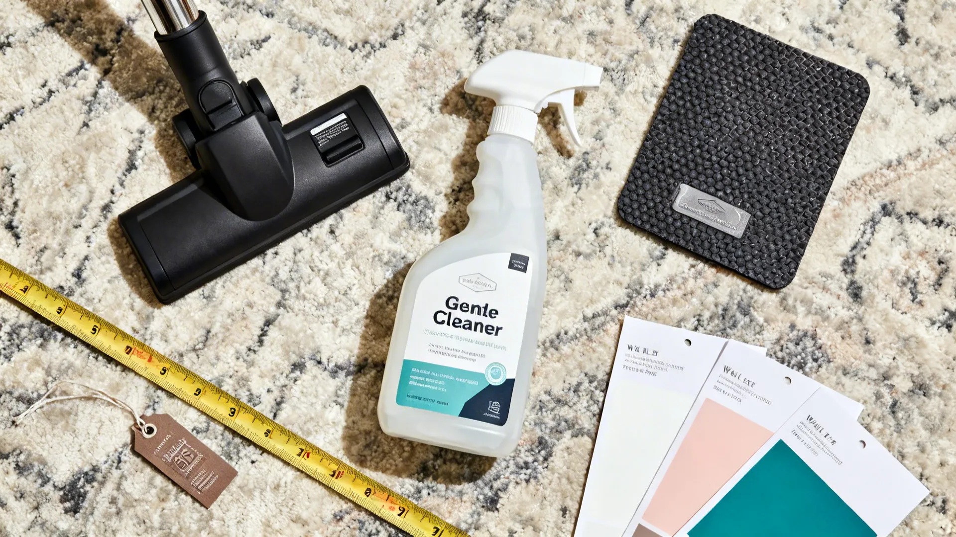 Vacuum head, cleaning spray, black pad, measuring tape, and color cards on a patterned rug