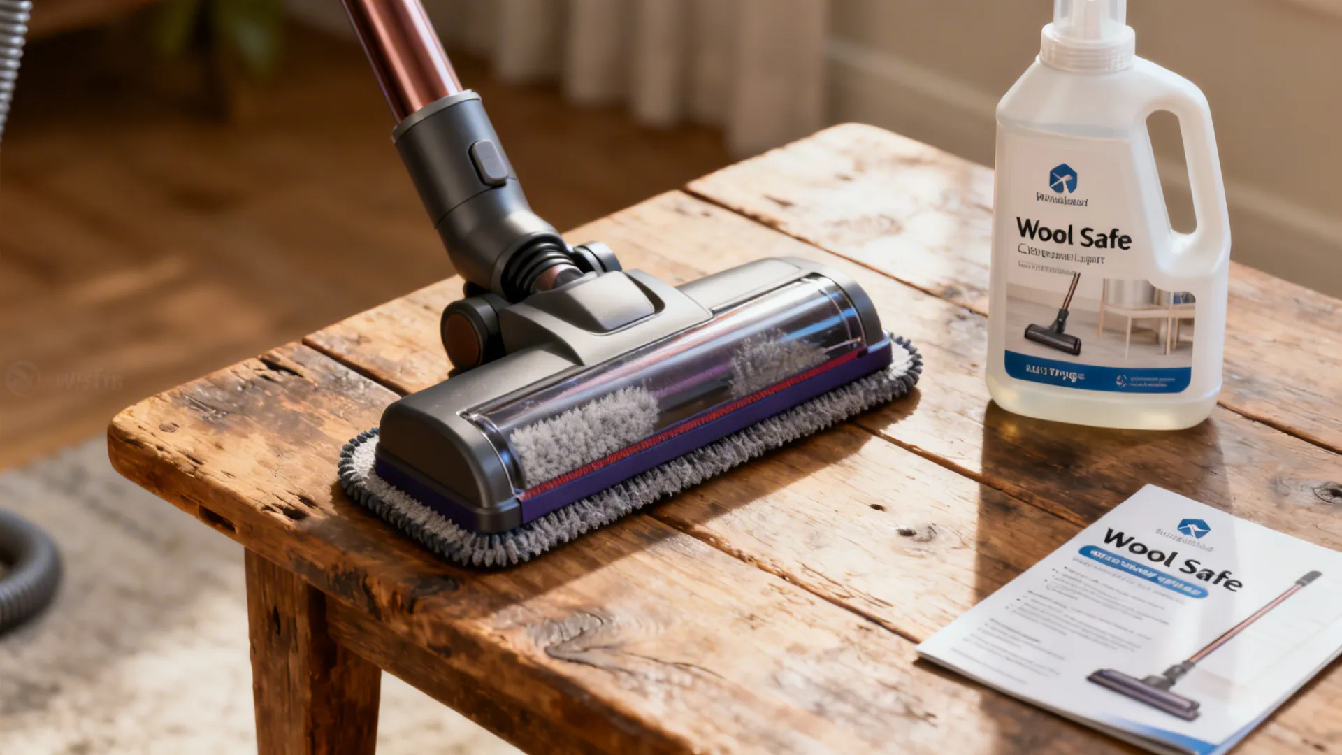 Rug care essentials including vacuum, wool-safe cleaner and non-slip pad for maintenance