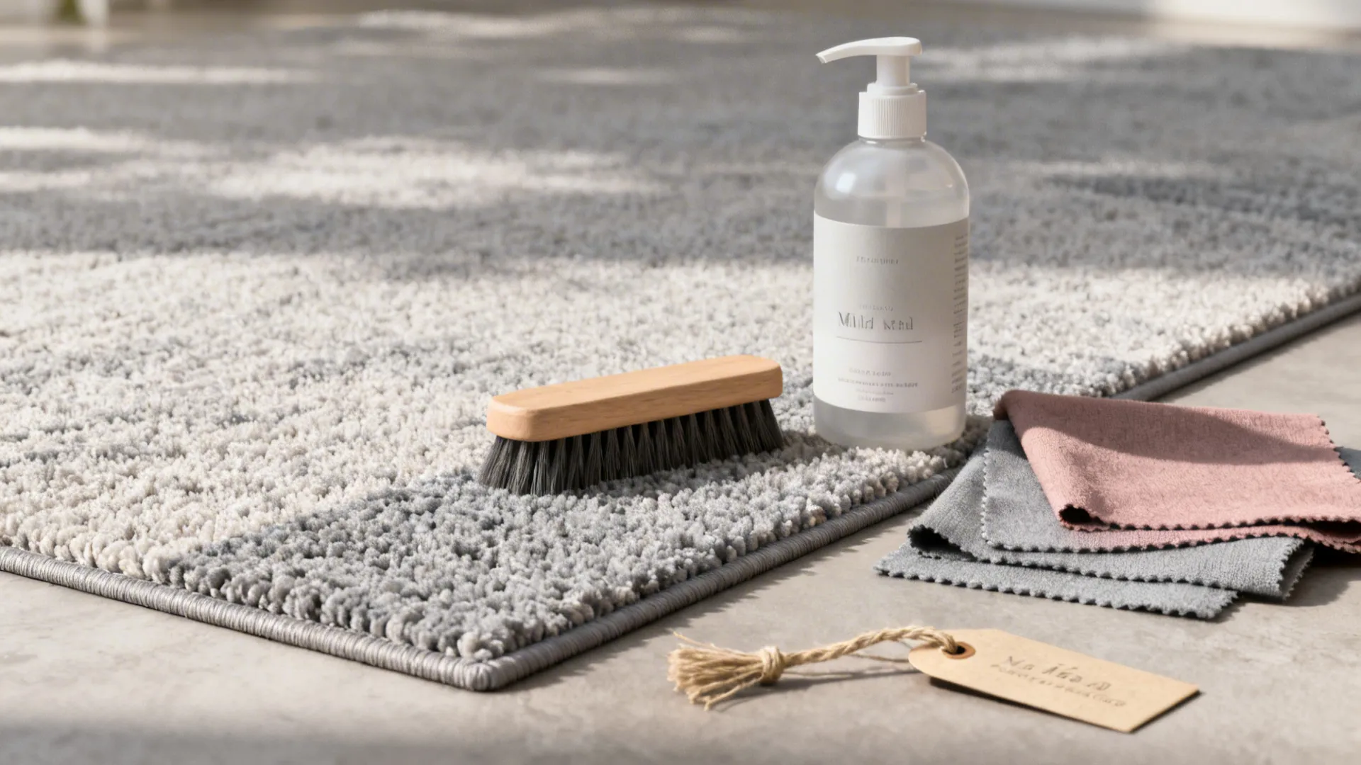 Rug care items and swatches showing recommended materials and cleaning approach