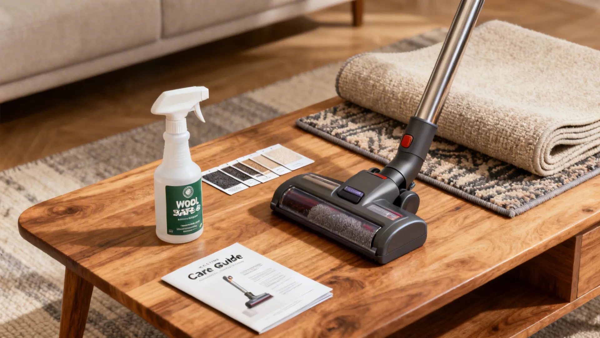 Rug care items including vacuum, wool-safe cleaner, rug pad and swatches on a table