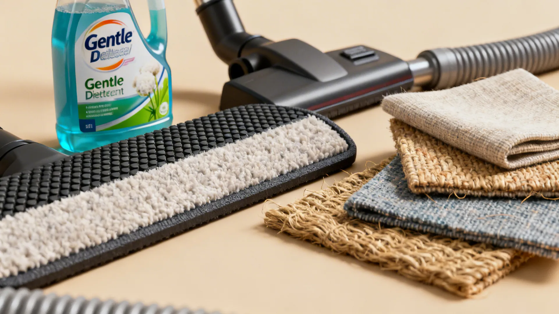 Collection of rug-care items including a non-slip pad, detergent and fabric swatches