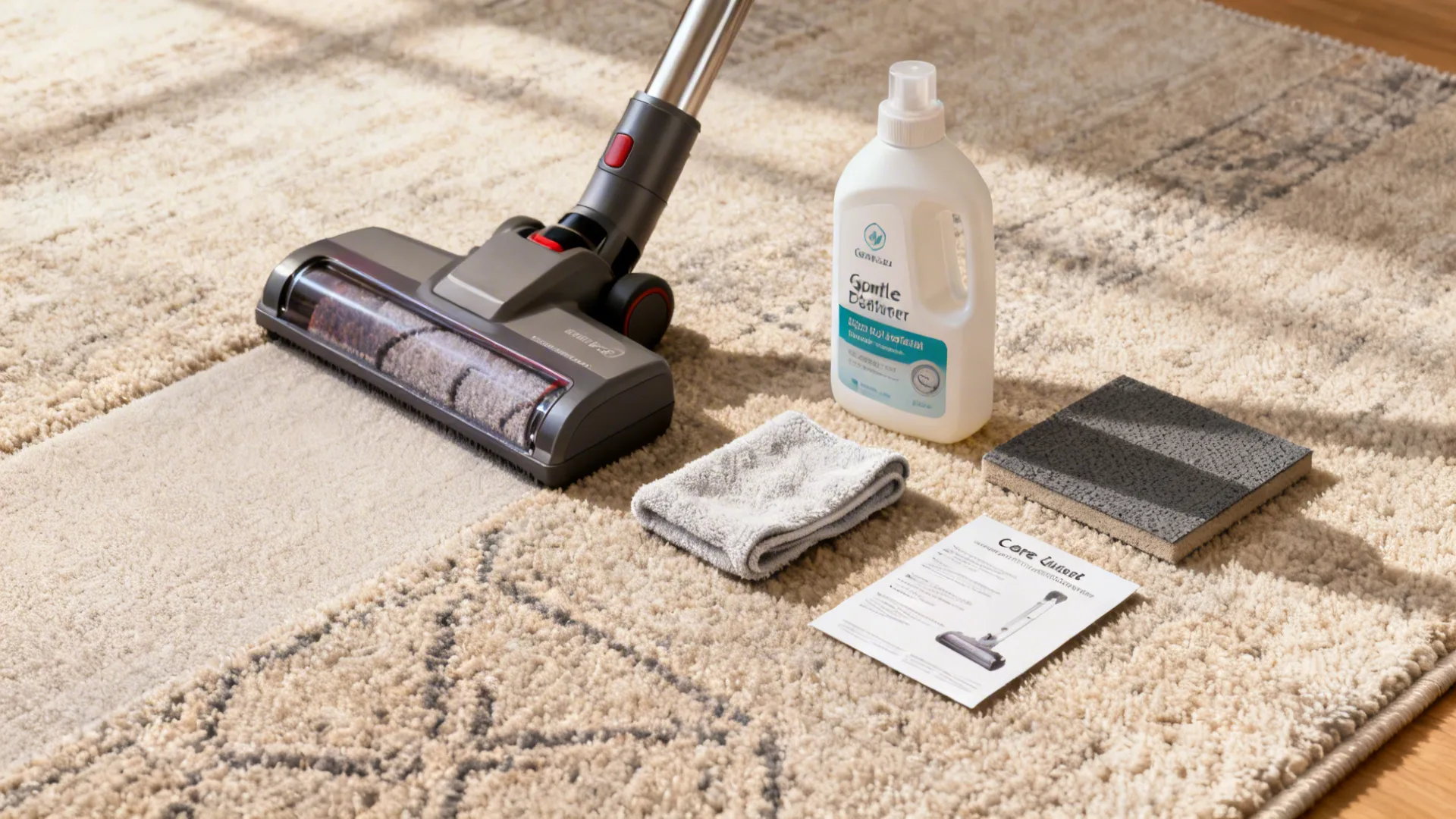 Rug care essentials including gentle vacuum, detergent, cloth, and non-slip pad sample.