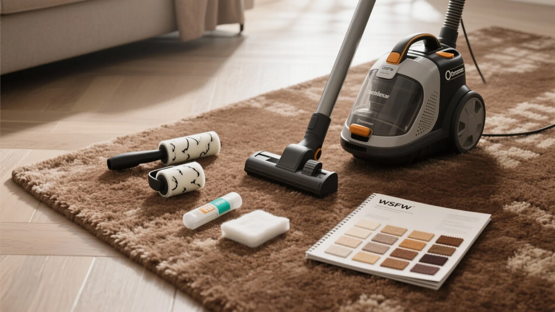 Vacuum cleaner lint rollers sponge and color sample book used for cleaning a brown rug