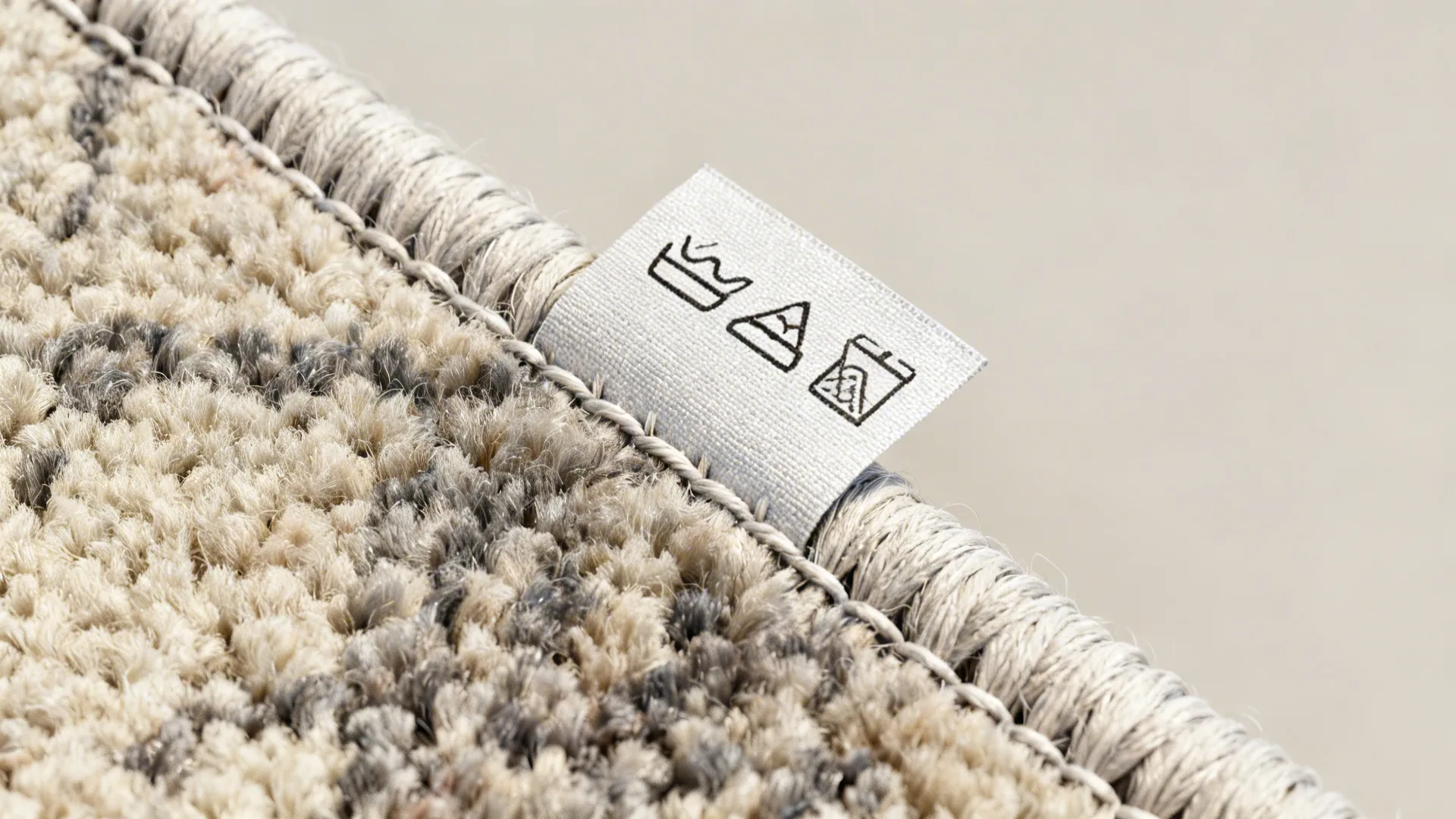 White care label with symbols attached to the edge of a beige and grey rug