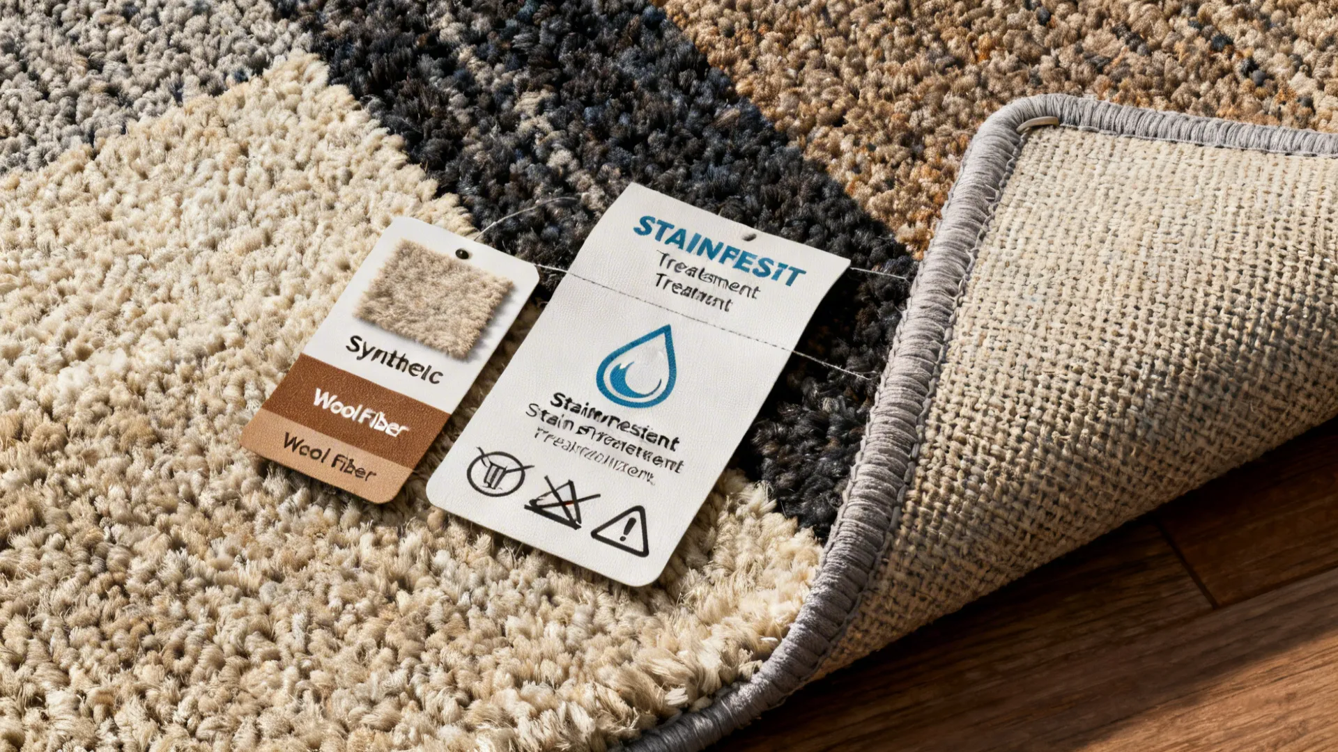Close-up of rug material samples and care labels showing fiber types and treatments.