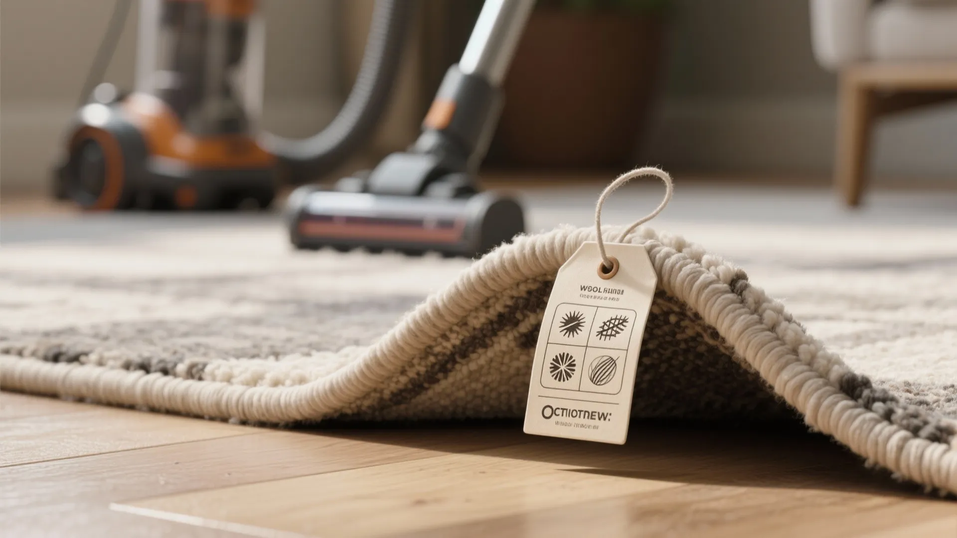 Corner of a low-pile wool blend rug with care label and vacuum, illustrating materials and maintenance.