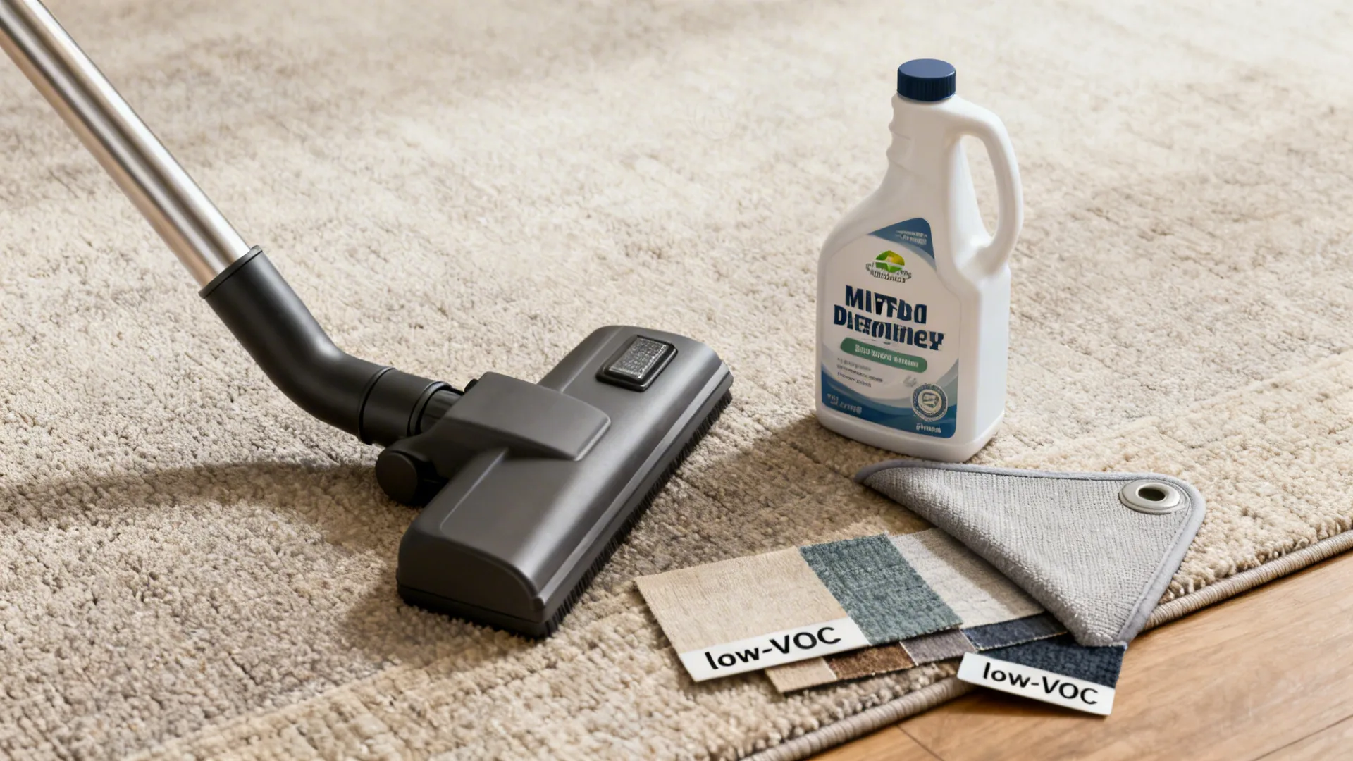 Rug care items including vacuum nozzle, detergent, rug pad, and fabric swatches for low-VOC testing.