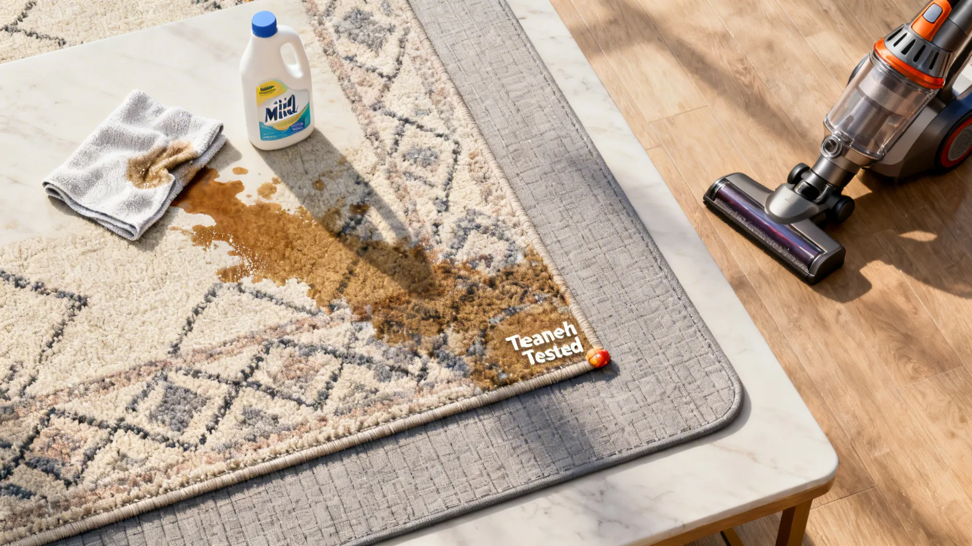 Top-down photo layout illustrating rug care steps: blotting a spill, mild detergent, vacuum, and rug pad.