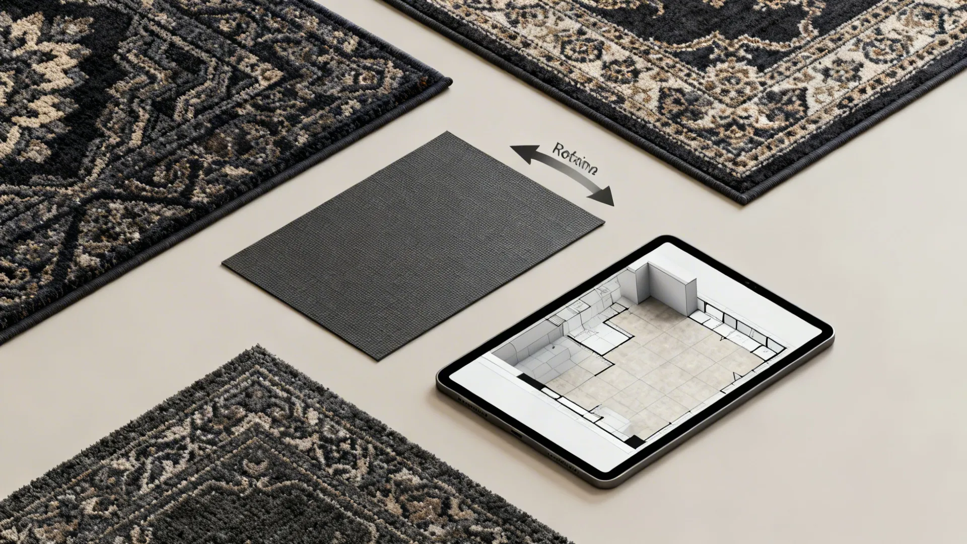 Top-down layout of rug-care tips including rug swatches, rug pad, rotation arrows and a tablet planner.