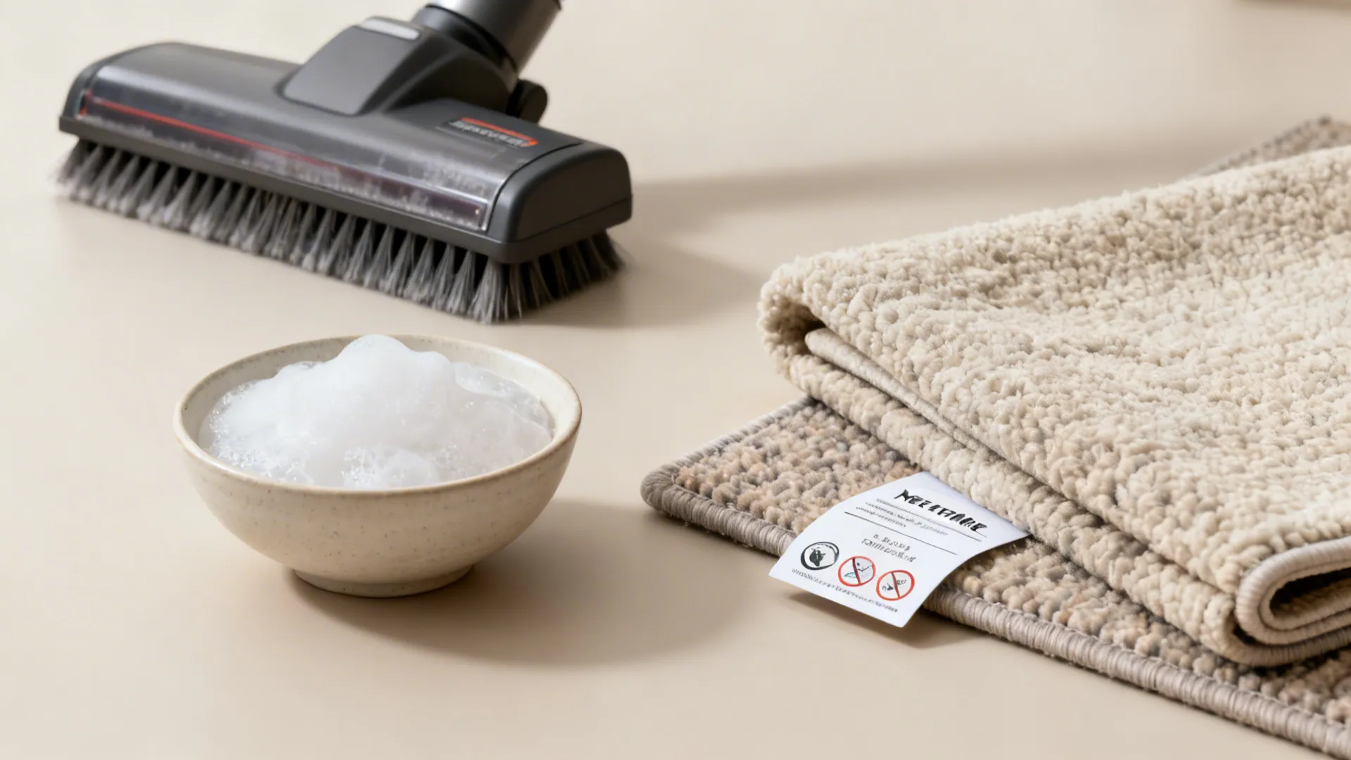 Rug care items: soft vacuum, mild soap, and a rug pad for maintenance